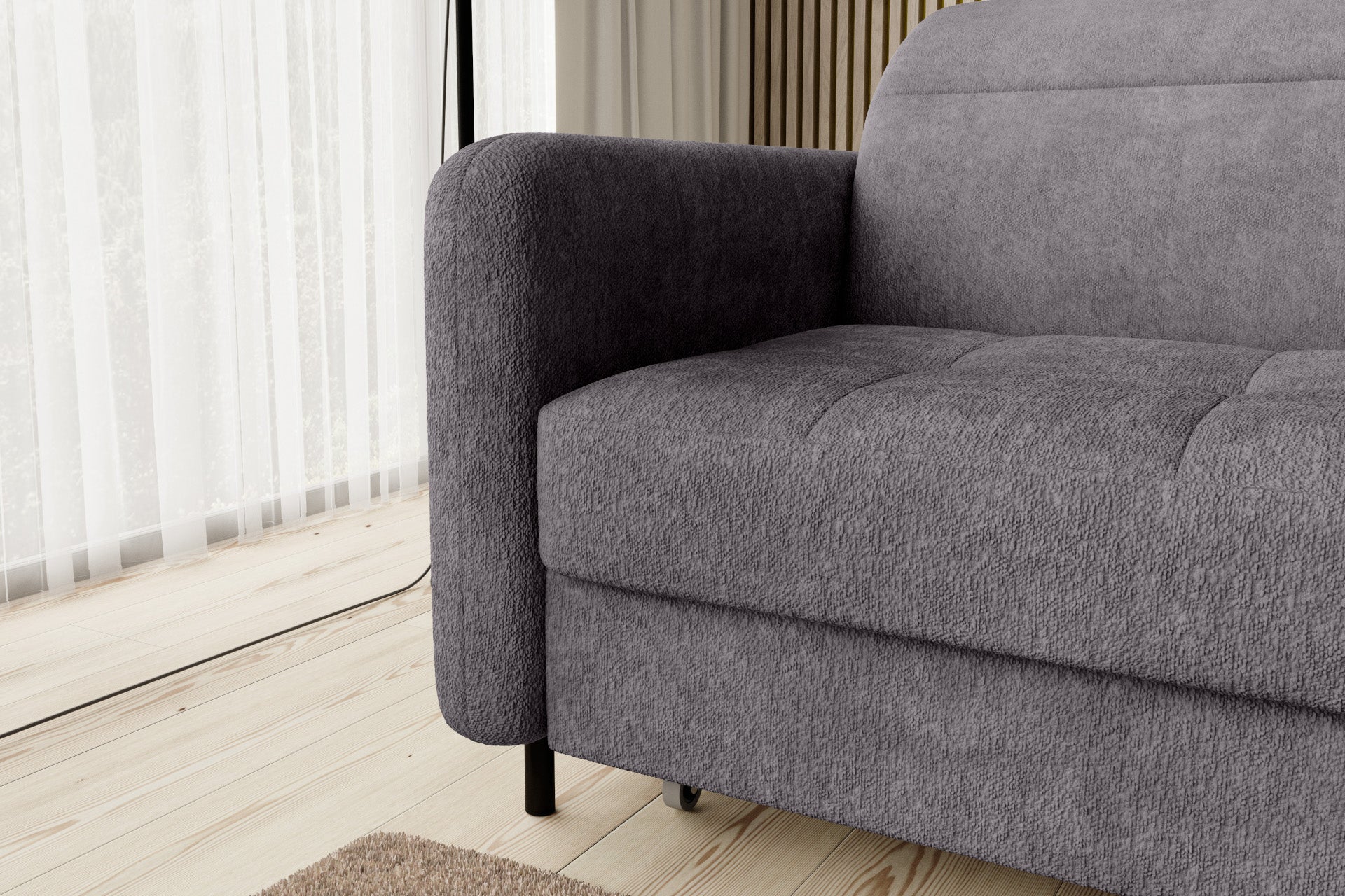 Zbliżenie na zewnętrzną powierzchnię podłokietnika narożnika Gomsi Touch 05 jasnoszary, podkreślające gładki kształt i strukturę materiału.