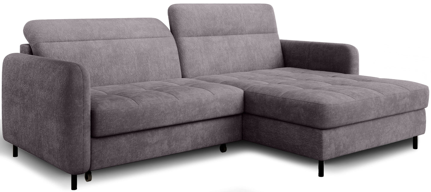 Pod kątem 3/4 narożnik Gomsi Touch 05 jasnoszary w układzie prawym, eksponujący zaokrąglone podłokietniki i czarne nóżki.