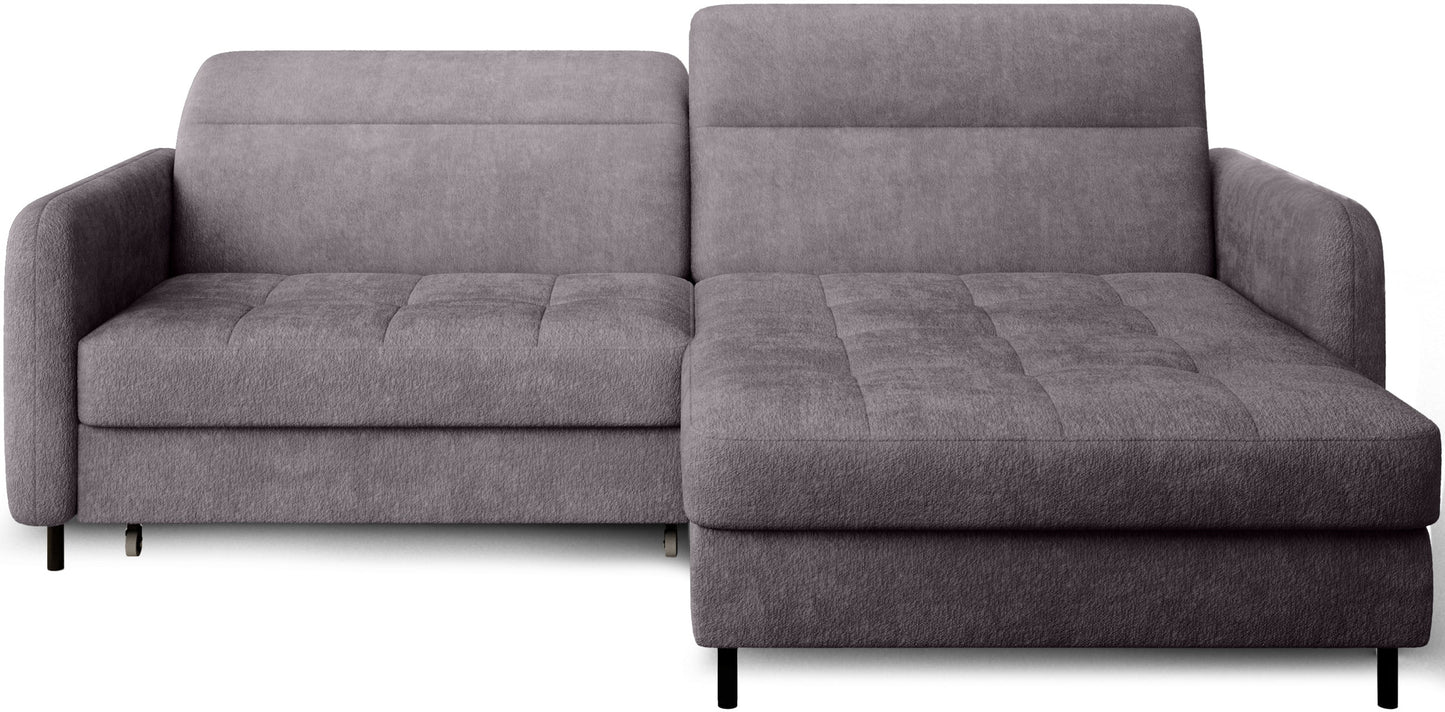 Izolowany na białym tle narożnik Gomsi Touch 05 jasnoszary w układzie prawym, z pikowanym siedziskiem i prostymi oparciami.