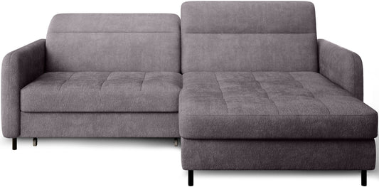 Izolowany na białym tle narożnik Gomsi Touch 05 jasnoszary w układzie prawym, z pikowanym siedziskiem i prostymi oparciami.