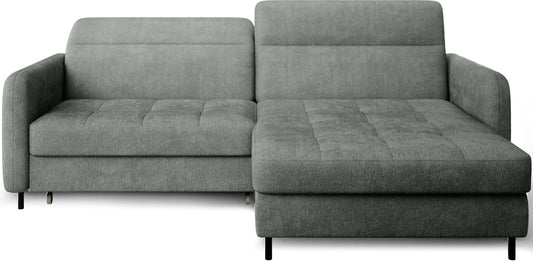 Izolowany na białym tle narożnik Gomsi Touch 100 zielony w układzie prawym, widok frontowy z pikowanym siedziskiem i podniesionym oparciem.