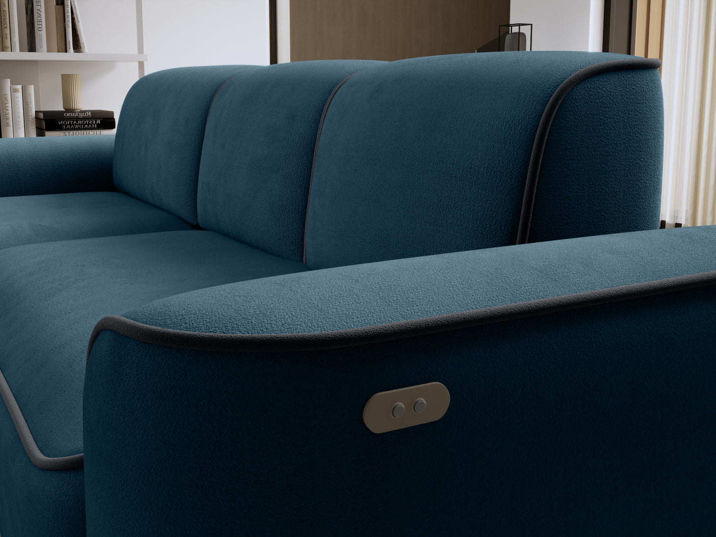 Zbliżenie na boczny podłokietnik z przyciskami regulacji szezlongu narożnika Ume w Amore 40 granatowym i lamówką Velvetmat 06 ciemnoszarą.