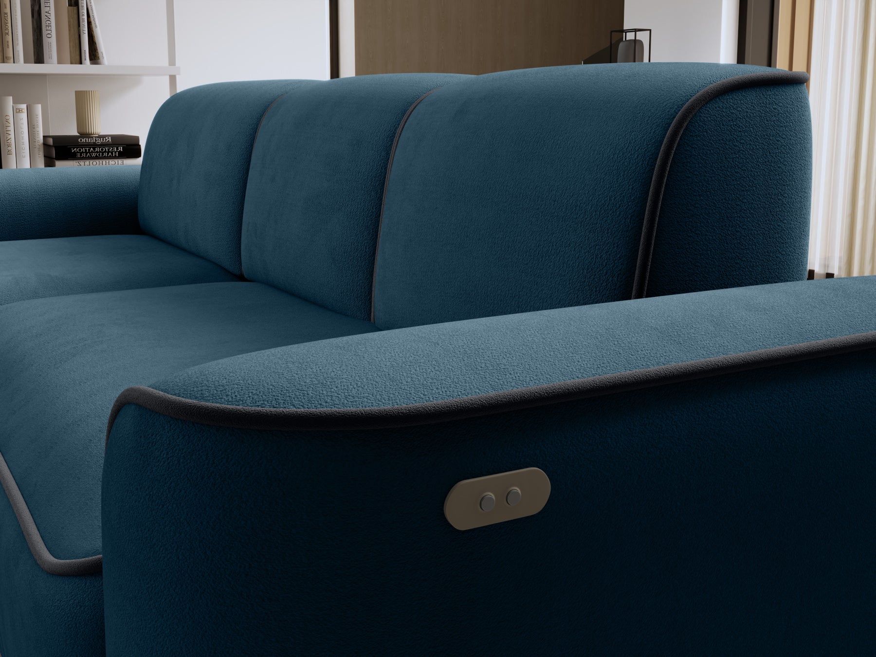 Zbliżenie na boczny podłokietnik z przyciskami regulacji szezlongu narożnika Ume w Amore 40 granatowym i lamówką Velvetmat 06 ciemnoszarą.