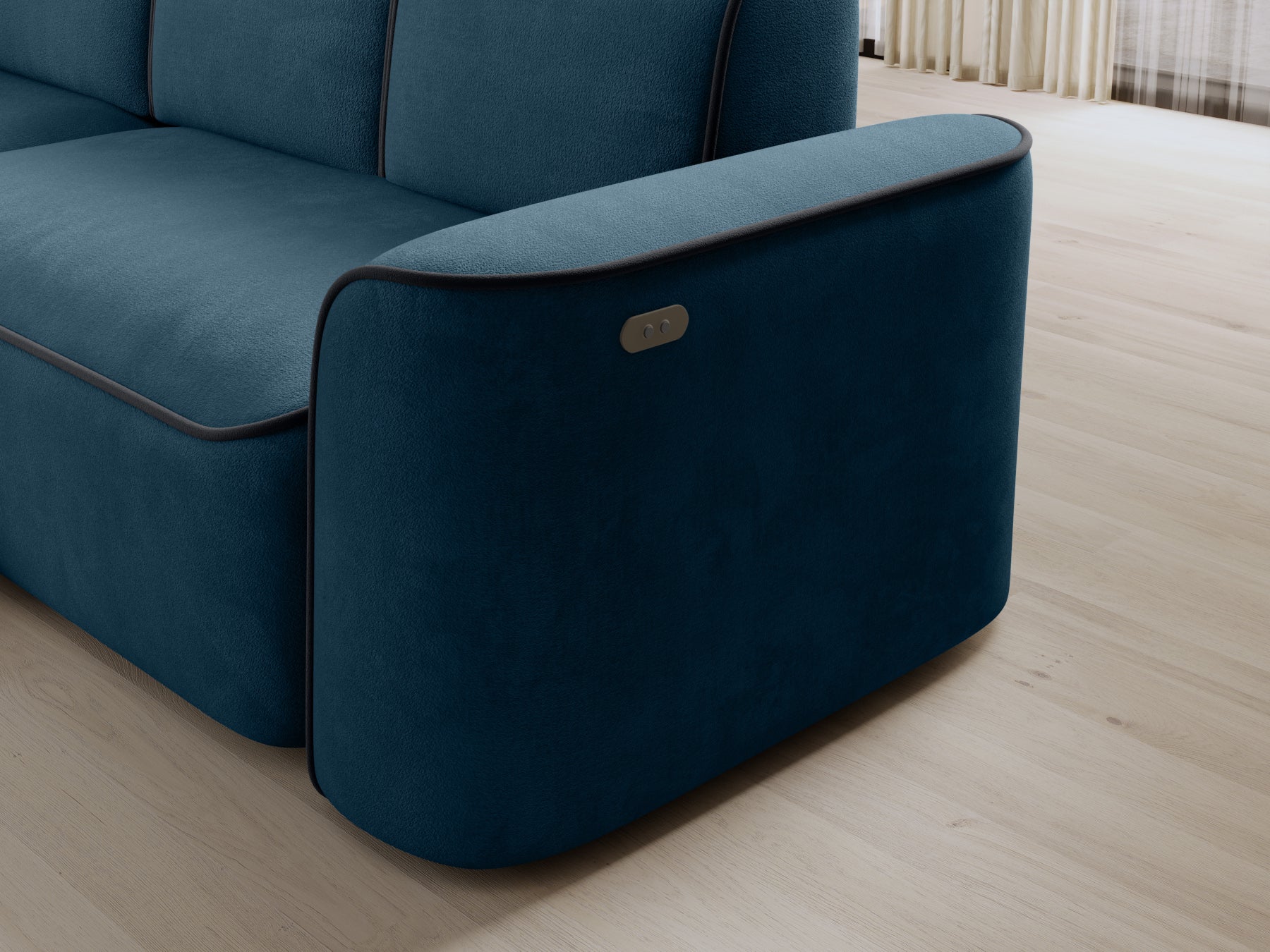 Narożnik Ume w układzie lewym w Amore 40 granatowym z lamówką Velvetmat 06 ciemnoszarą, widok w aranżacji salonu z regałem i schodami.