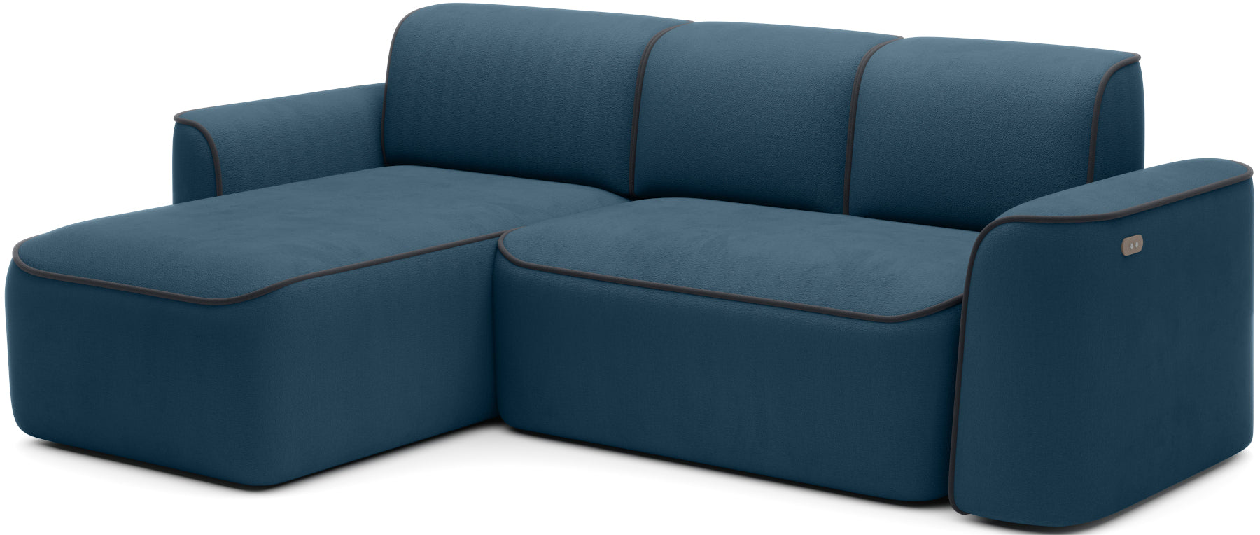 Narożnik Ume w układzie lewym w Amore 40 granatowym z lamówką Velvetmat 06 ciemnoszarą, widok ukośny na białym tle.