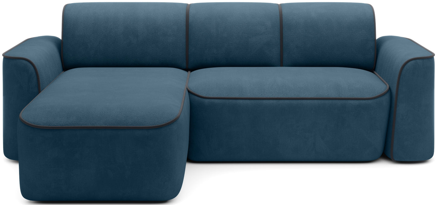 Narożnik Ume w układzie lewym, tkanina Amore 40 granatowa z lamówką Velvetmat 06 ciemnoszarą, widok frontalny na białym tle.