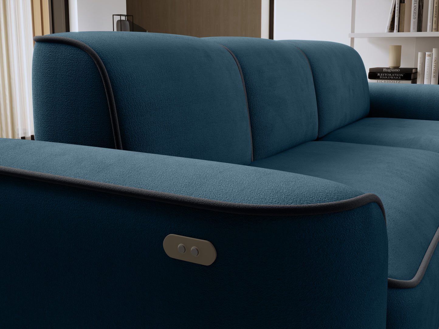 Zbliżenie na boczny podłokietnik z przyciskami regulacji szezlongu narożnika Ume w Amore 40 granatowym i lamówką Velvetmat 06 ciemnoszarą.