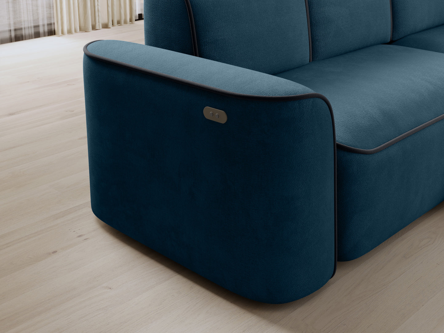 Narożnik Ume w układzie prawym w Amore 40 granatowym z lamówką Velvetmat 06 ciemnoszarą, widok w aranżacji salonu z regałem i schodami.