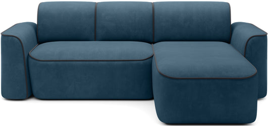 Narożnik Ume w układzie prawym, tkanina Amore 40 granatowa z lamówką Velvetmat 06 ciemnoszarą, widok frontalny na białym tle.