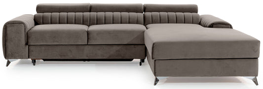 Narożnik Grayson w kolorze Loco 04 jasnoszary, układ prawy – elegancki design z pionowymi przeszyciami i metalowymi nogami, widok z przodu.