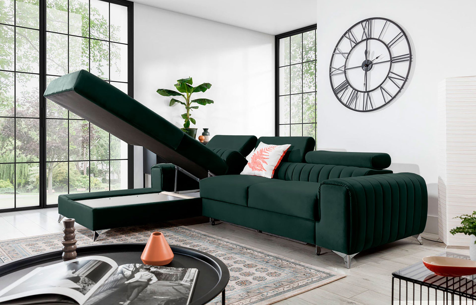 Narożnik Grayson Loco 35 zielony z otwartym pojemnikiem na pościel – funkcjonalny szezlong w układzie lewym.