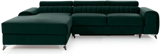 Narożnik Grayson w kolorze Loco 35 zielony, układ lewy – nowoczesny design z pionowymi przeszyciami i metalowymi nogami, widok z przodu.