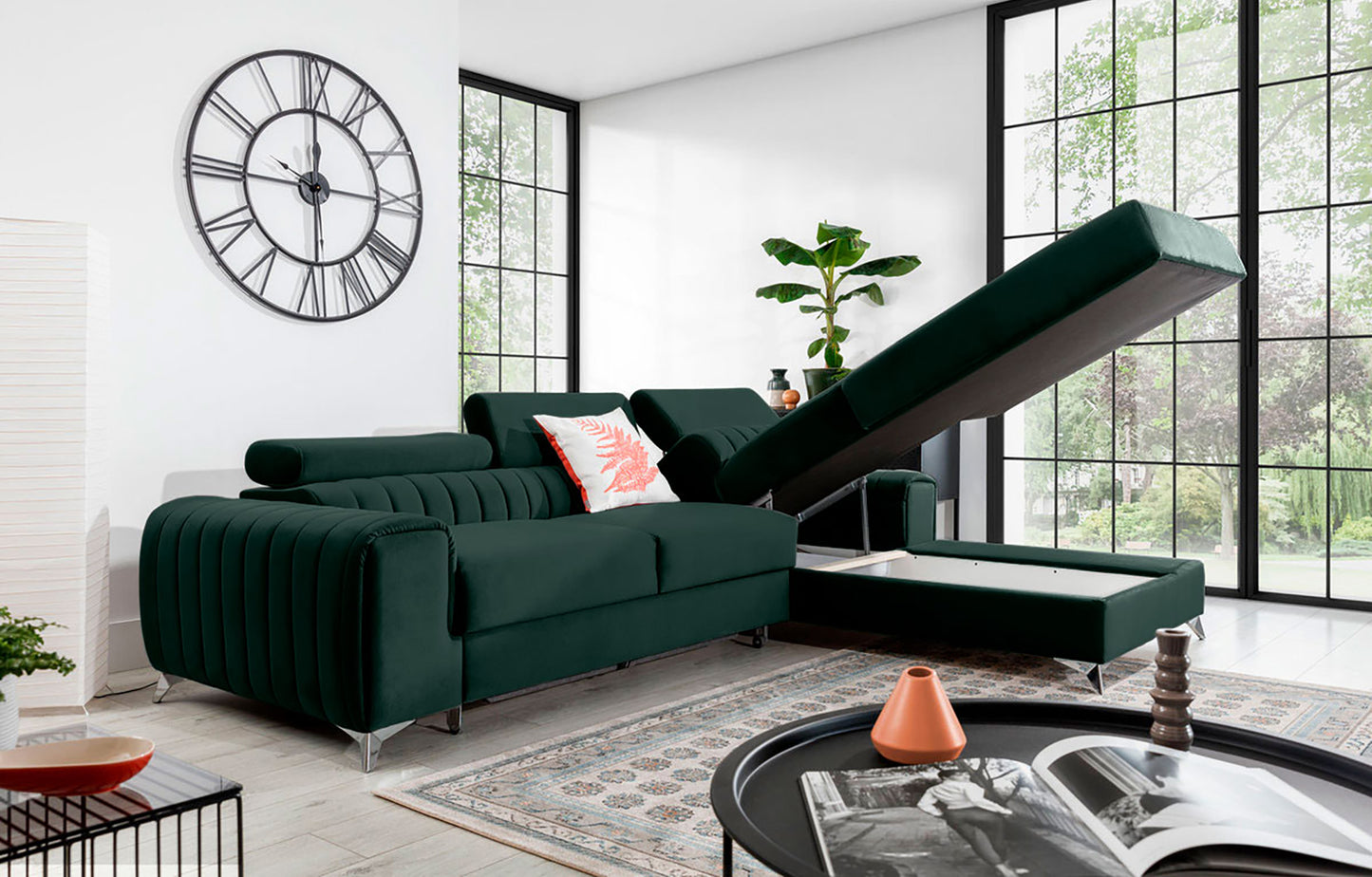 Narożnik Grayson Loco 35 zielony z otwartym pojemnikiem na pościel – funkcjonalny szezlong w układzie prawym.