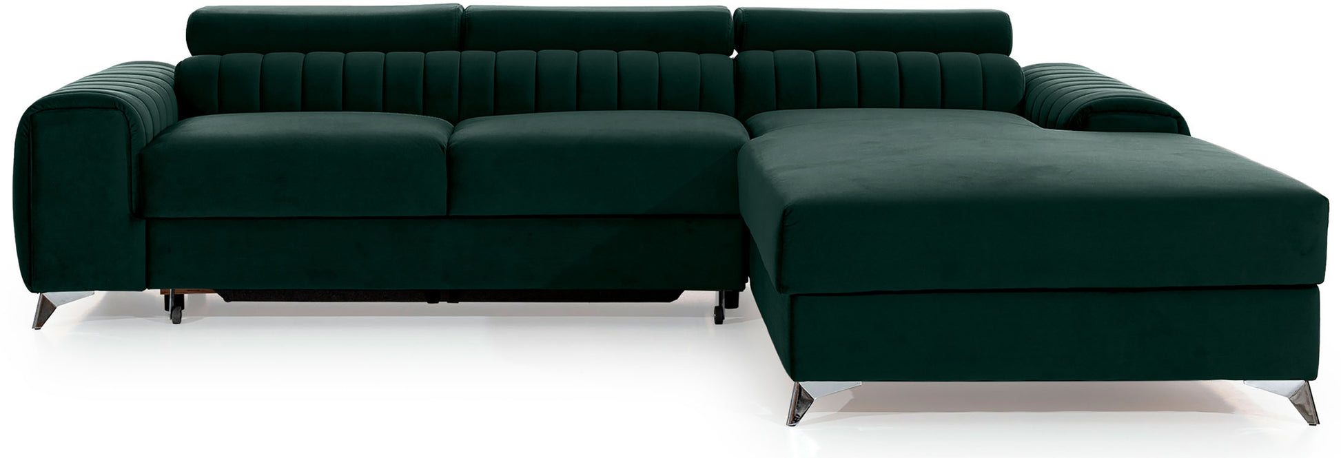 Narożnik Grayson w kolorze Loco 35 zielony, układ prawy – nowoczesny design z pionowymi przeszyciami i metalowymi nogami, widok z przodu.