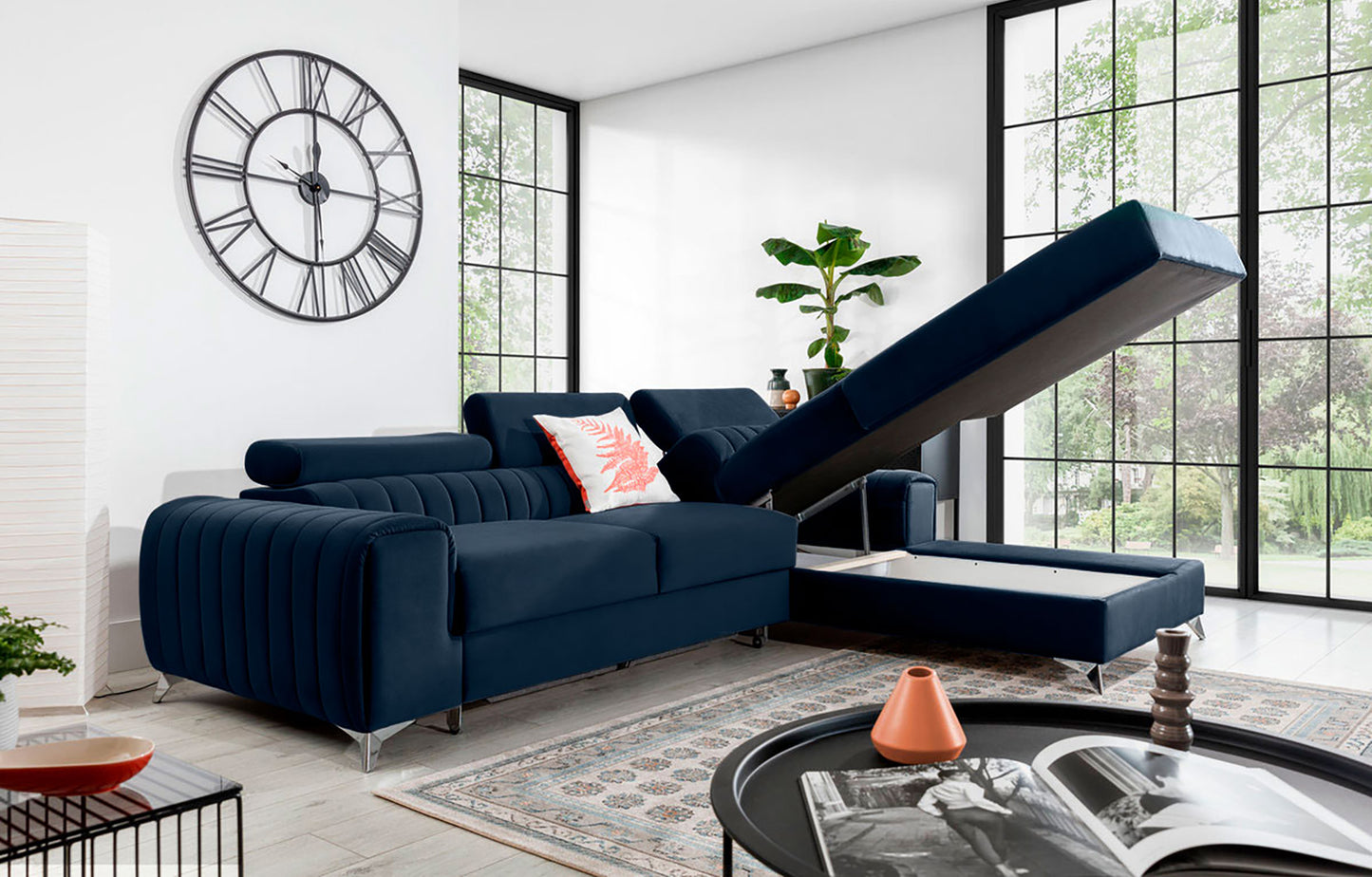 Narożnik Grayson Monolith 79 granatowy z otwartym pojemnikiem na pościel – funkcjonalny szezlong w układzie prawym.