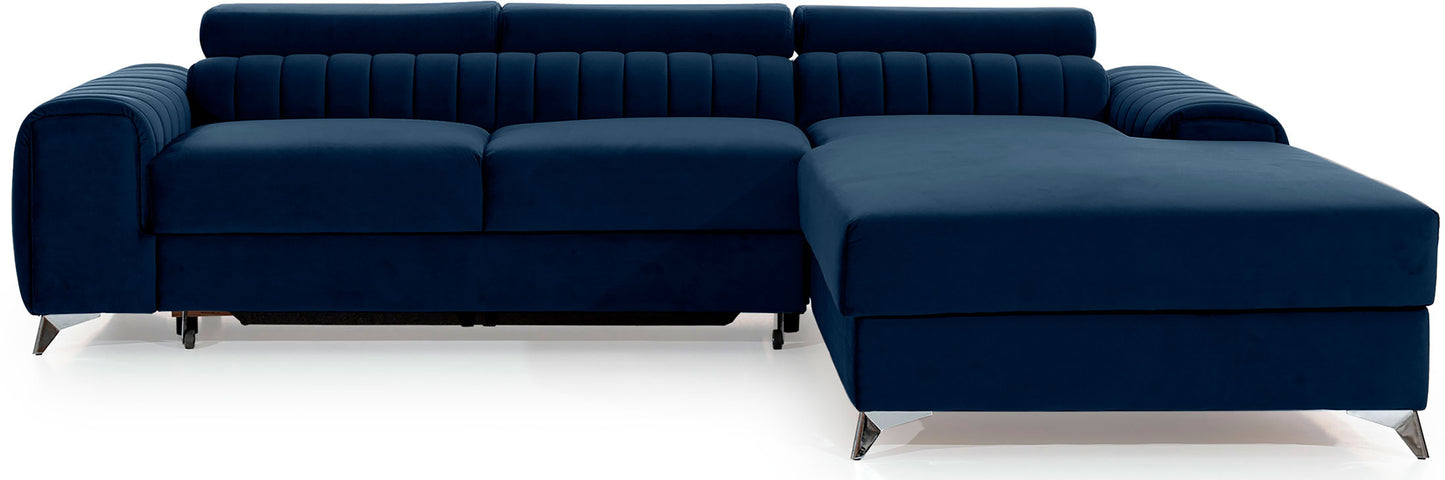 Narożnik Grayson w kolorze Monolith 79 granatowy, układ prawy – elegancki design z pionowymi przeszyciami i metalowymi nogami, widok z przodu.