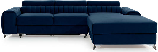 Narożnik Grayson w kolorze Monolith 79 granatowy, układ prawy – elegancki design z pionowymi przeszyciami i metalowymi nogami, widok z przodu.