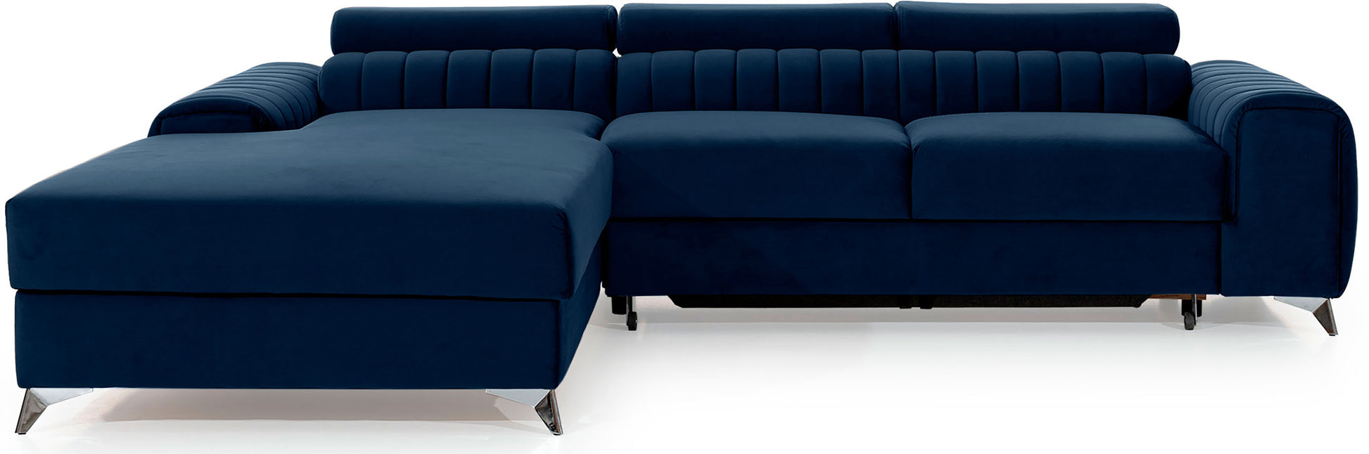 Narożnik Grayson w kolorze Monolith 79 niebieski, układ lewy – elegancki design z pionowymi przeszyciami i metalowymi nogami, widok z przodu.