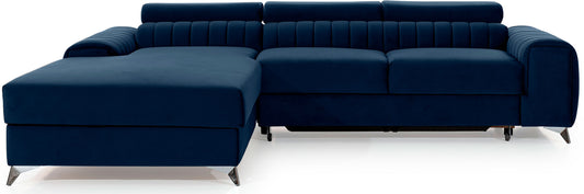 Narożnik Grayson w kolorze Monolith 79 niebieski, układ lewy – elegancki design z pionowymi przeszyciami i metalowymi nogami, widok z przodu.