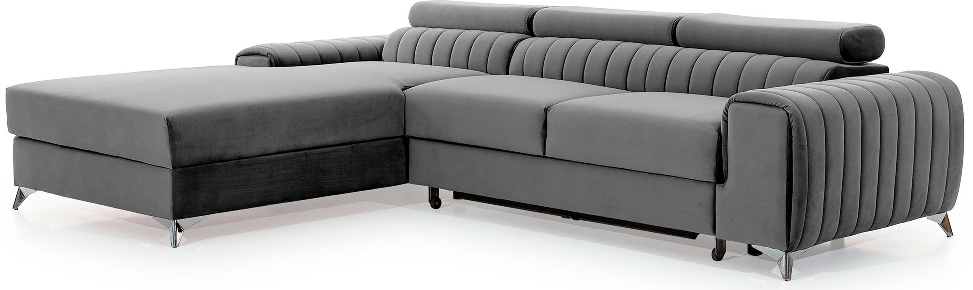 Narożnik Grayson w układzie lewym, jasnoszary, widok z boku pod kątem – eleganckie przeszycia i chromowane nóżki.