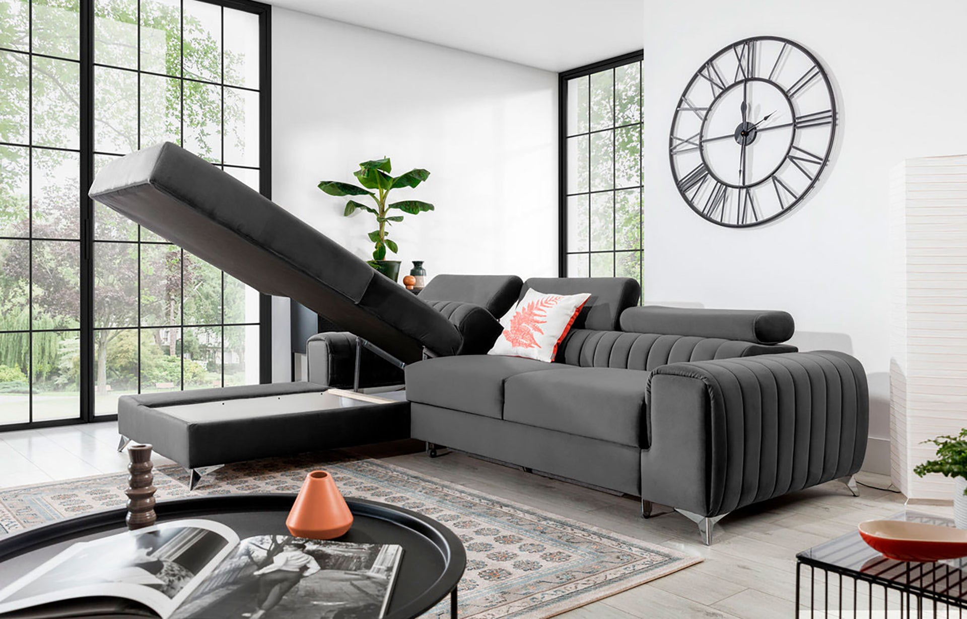 Narożnik Grayson Nube 04 szary z otwartym pojemnikiem na pościel – funkcjonalny szezlong w układzie lewym.