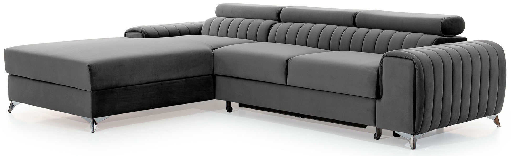 Narożnik Grayson w kolorze Nube 04 szary, układ lewy – widok z boku, nowoczesne przeszycia i metalowe nóżki.