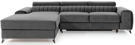 Narożnik Grayson w kolorze Nube 04 szary, układ lewy – nowoczesny design z pionowymi przeszyciami i chromowanymi nogami, widok z przodu.