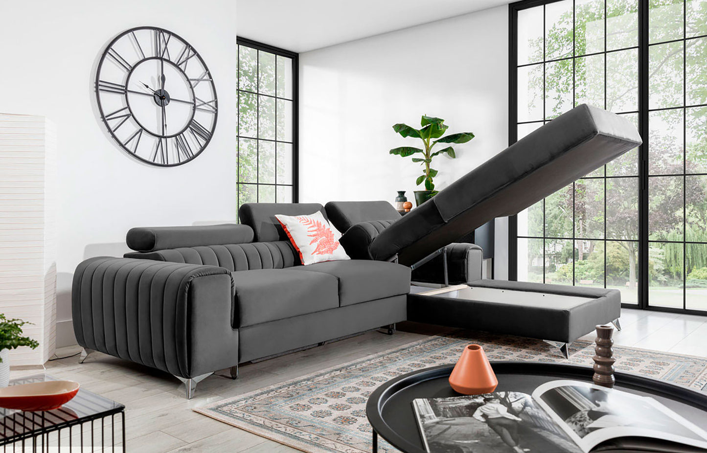 Narożnik Grayson Nube 04 szary z otwartym pojemnikiem na pościel – funkcjonalny szezlong w układzie prawym.