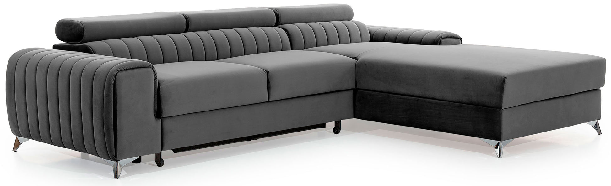 Narożnik Grayson Nube 04 szary, układ prawy – widok z boku, ozdobne pionowe przeszycia i chromowane nóżki w nowoczesnym stylu.