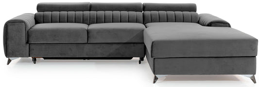 Narożnik Grayson w kolorze Nube 04 szary, układ prawy – nowoczesny design z pionowymi przeszyciami i metalowymi nogami, widok z przodu.