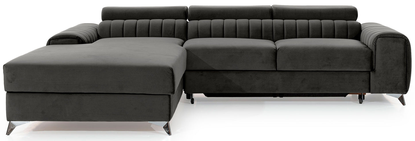 Narożnik Grayson w kolorze Nube 05 ciemnoszary, układ lewy – elegancki design z pionowymi przeszyciami i metalowymi nogami, widok z przodu.