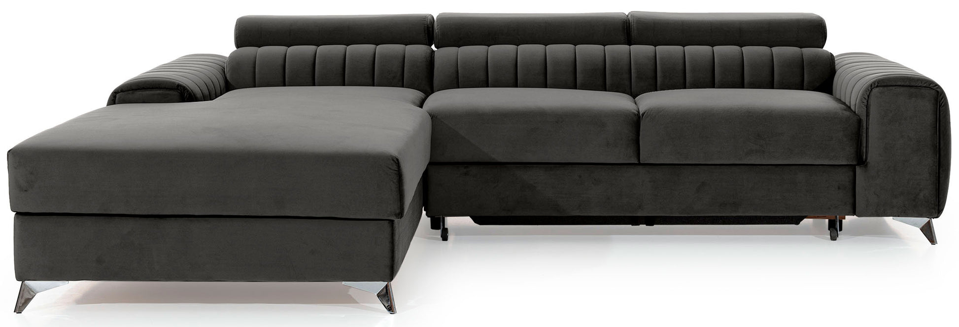 Narożnik Grayson w kolorze Nube 05 ciemnoszary, układ lewy – elegancki design z pionowymi przeszyciami i metalowymi nogami, widok z przodu.