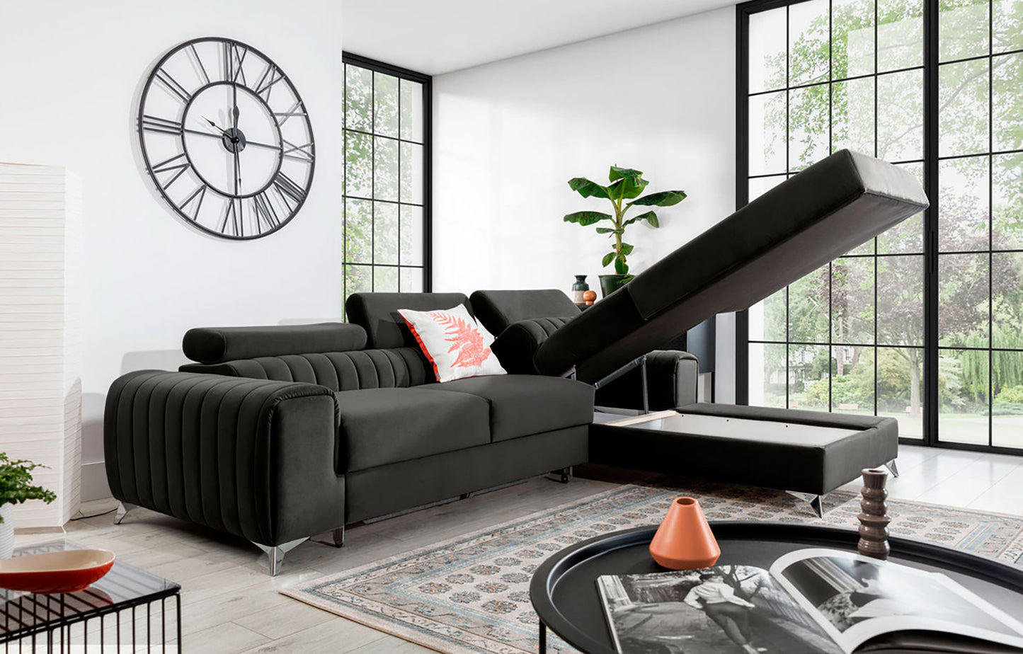 Narożnik Grayson Nube 05 ciemnoszary z otwartym pojemnikiem na pościel – funkcjonalny szezlong w układzie prawym.