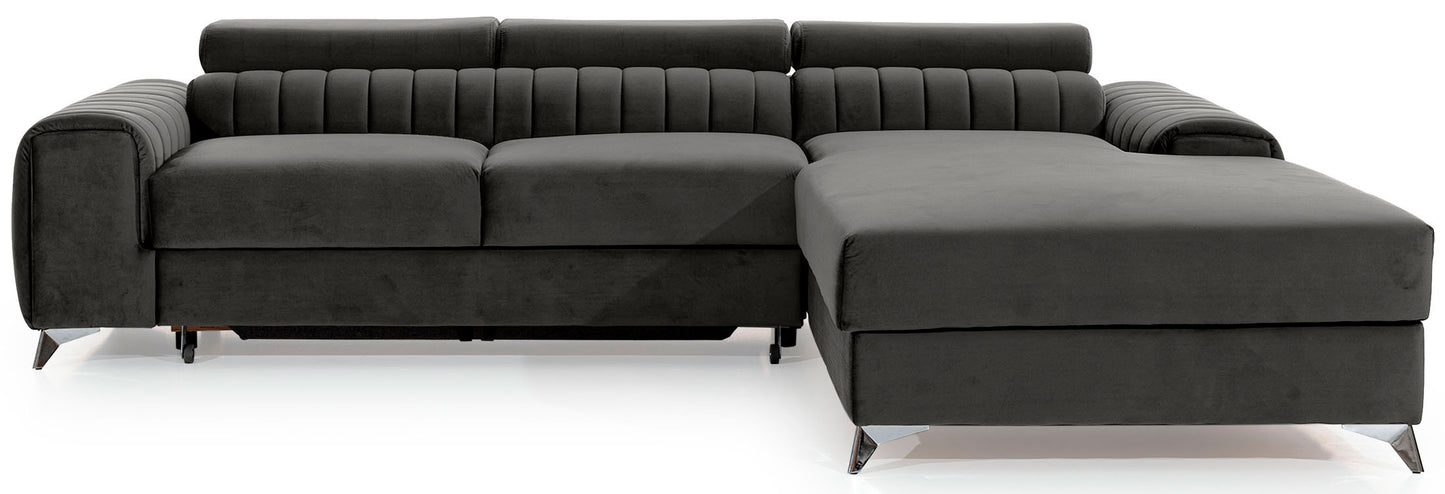 Narożnik Grayson w kolorze Nube 05 ciemnoszary, układ prawy – elegancki design z pionowymi przeszyciami i metalowymi nogami, widok z przodu.