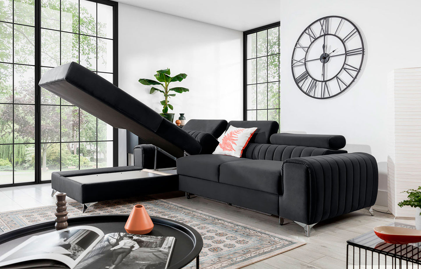 Narożnik Grayson Nube 06 ciemnoszary z otwartym pojemnikiem na pościel – funkcjonalny szezlong w układzie lewym.