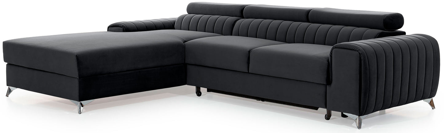 Narożnik Grayson Nube 06 ciemnoszary, układ lewy – widok z boku, ozdobne przeszycia i chromowane nóżki w nowoczesnym stylu.