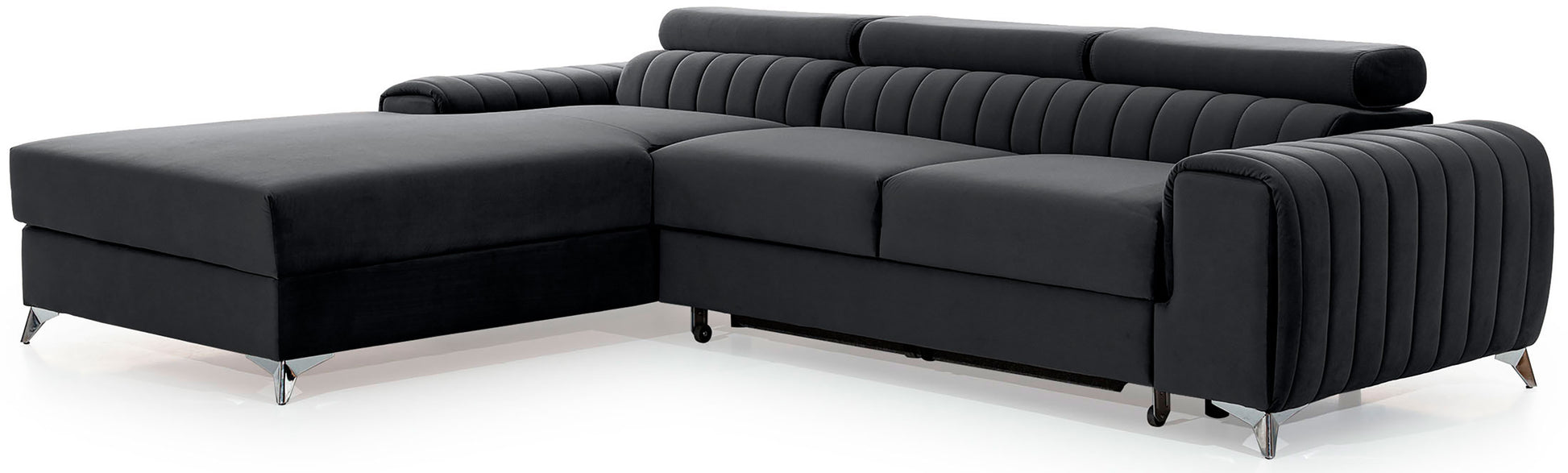 Narożnik Grayson Nube 06 ciemnoszary, układ lewy – widok z boku, ozdobne przeszycia i chromowane nóżki w nowoczesnym stylu.