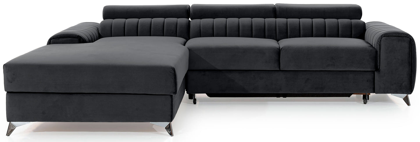 Narożnik Grayson w kolorze Nube 06 ciemnoszary, układ lewy – nowoczesny design z pionowymi przeszyciami i metalowymi nogami, widok z przodu.