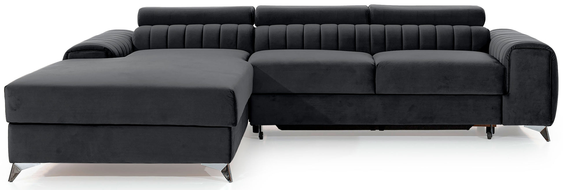 Narożnik Grayson w kolorze Nube 06 ciemnoszary, układ lewy – nowoczesny design z pionowymi przeszyciami i metalowymi nogami, widok z przodu.