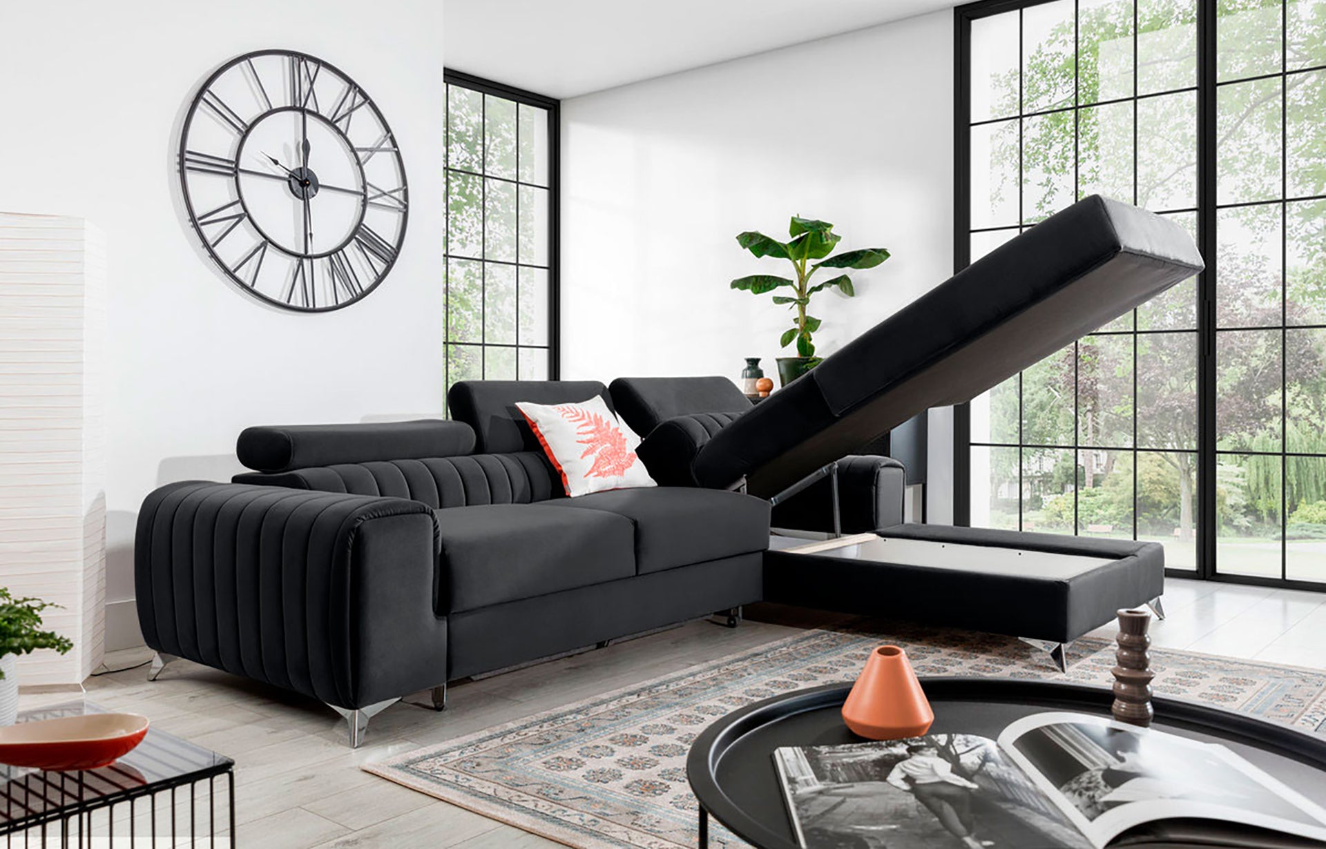 Narożnik Grayson Nube 06 ciemnoszary z otwartym pojemnikiem na pościel – funkcjonalny szezlong w układzie prawym.