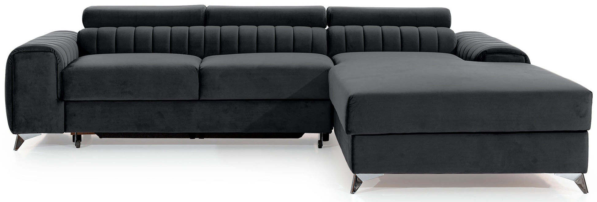 Narożnik Grayson w kolorze Nube 06 ciemnoszary, układ prawy – nowoczesny design z pionowymi przeszyciami i metalowymi nogami, widok z przodu.