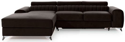 Narożnik Grayson w kolorze Nube 22 brązowy, układ lewy – nowoczesny design z pionowymi przeszyciami i metalowymi nogami, widok z przodu.