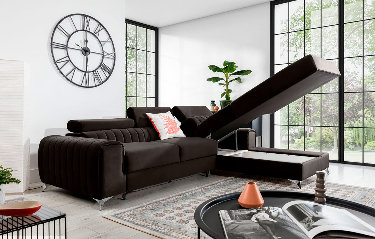 Narożnik Grayson Nube 22 brązowy z otwartym pojemnikiem na pościel – funkcjonalny szezlong w układzie prawym.