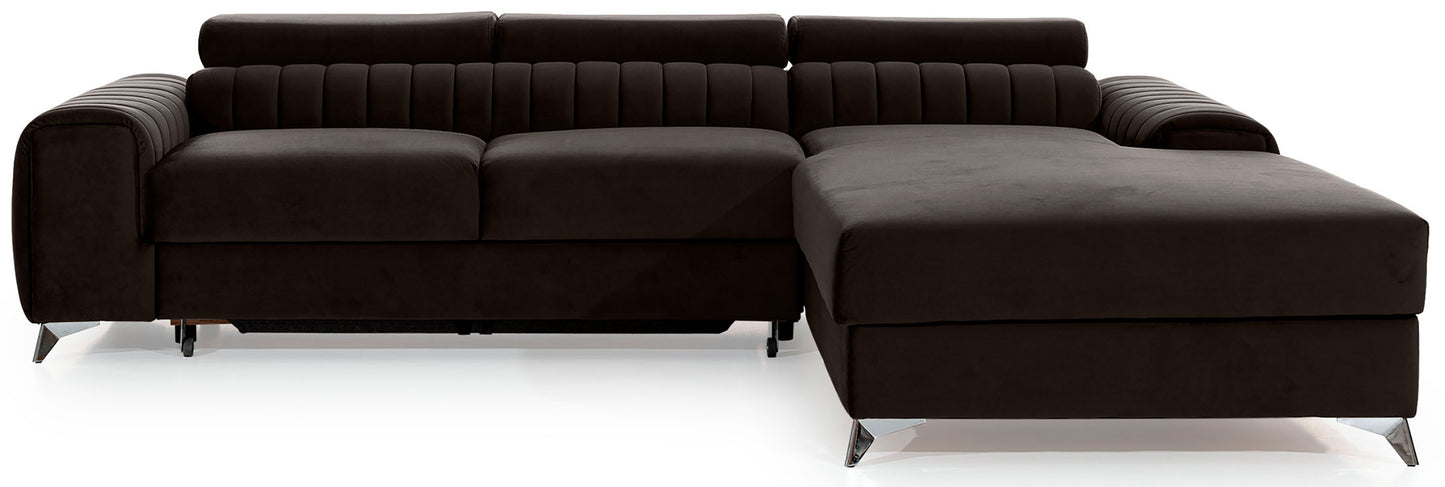 Narożnik Grayson w kolorze Nube 22 brązowy, układ prawy – elegancki design z pionowymi przeszyciami i metalowymi nogami, widok z przodu.