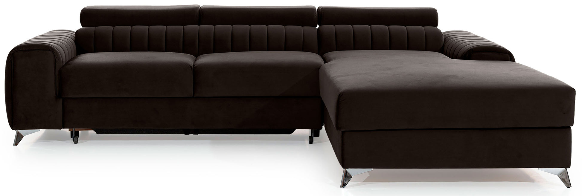 Narożnik Grayson w kolorze Nube 22 brązowy, układ prawy – elegancki design z pionowymi przeszyciami i metalowymi nogami, widok z przodu.