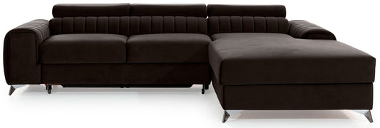 Narożnik Grayson w kolorze Nube 22 brązowy, układ prawy – elegancki design z pionowymi przeszyciami i metalowymi nogami, widok z przodu.