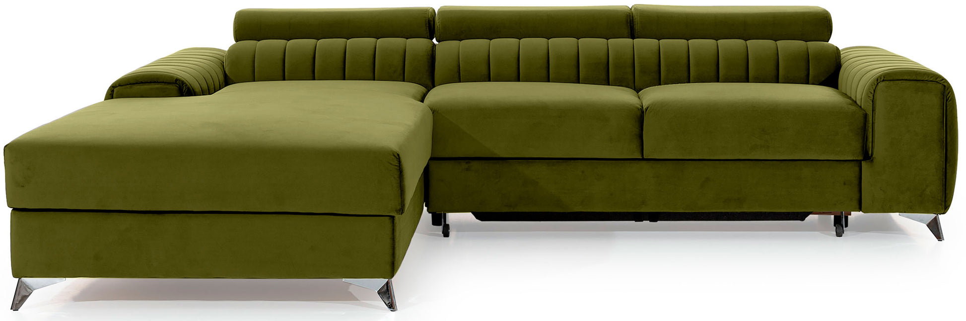 Narożnik Grayson w kolorze Nube 33 jasnozielony, układ lewy – elegancki design z pionowymi przeszyciami i metalowymi nogami, widok z przodu.