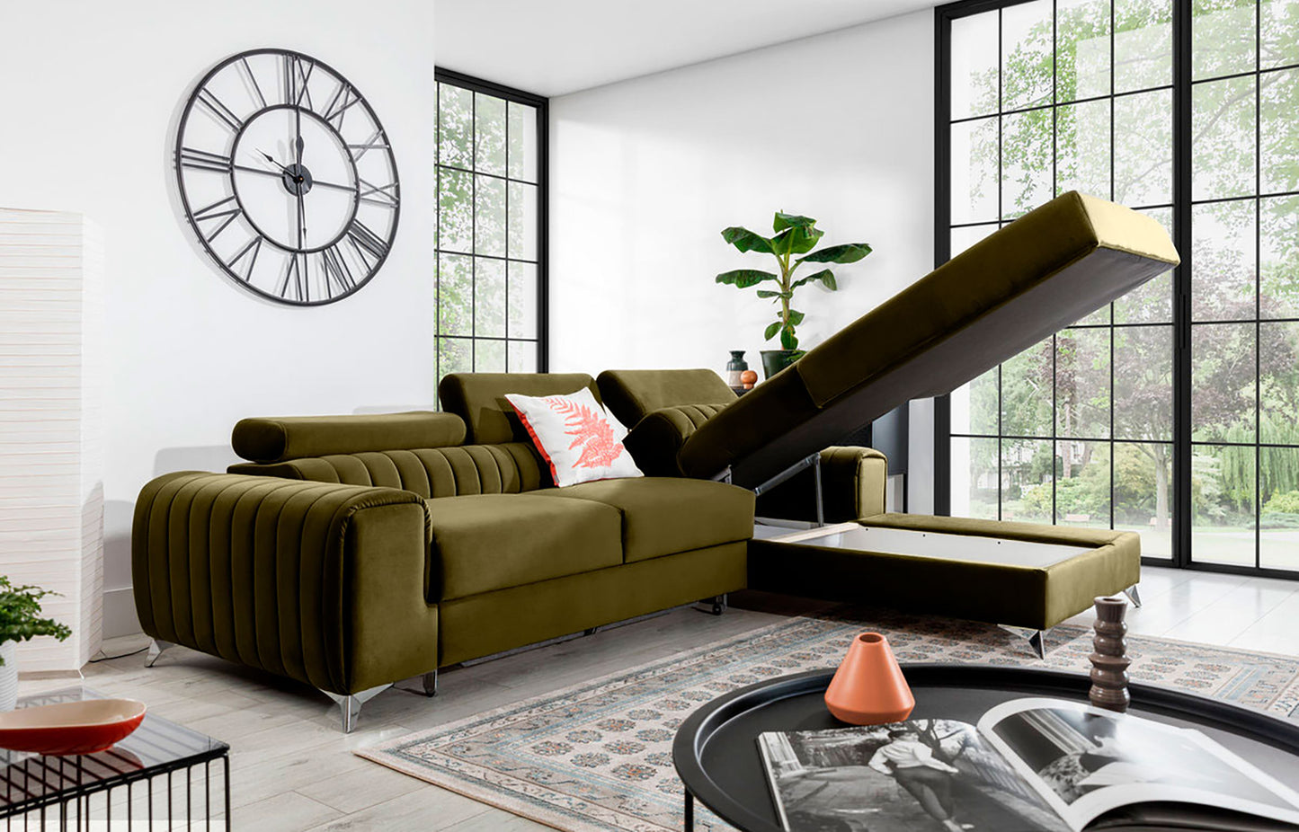 Narożnik Grayson Nube 33 jasnozielony z otwartym pojemnikiem na pościel – funkcjonalny szezlong w układzie prawym.