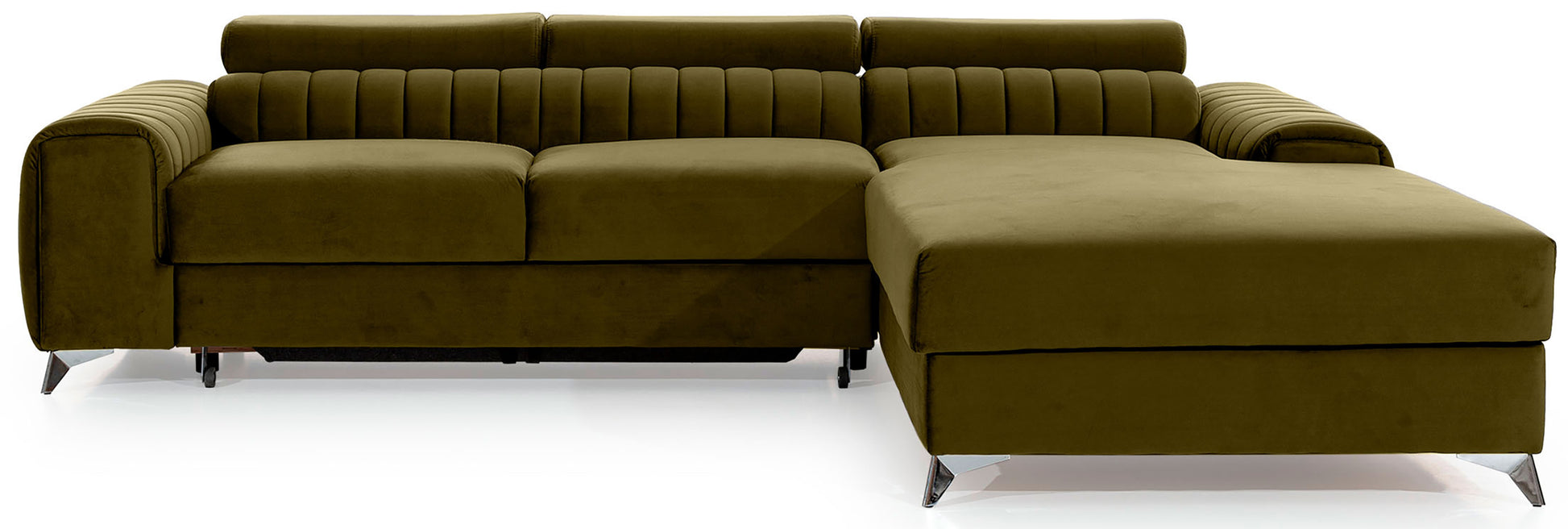 Narożnik Grayson w kolorze Nube 33 jasnozielony, układ prawy – elegancki design z pionowymi przeszyciami i metalowymi nogami, widok z przodu.