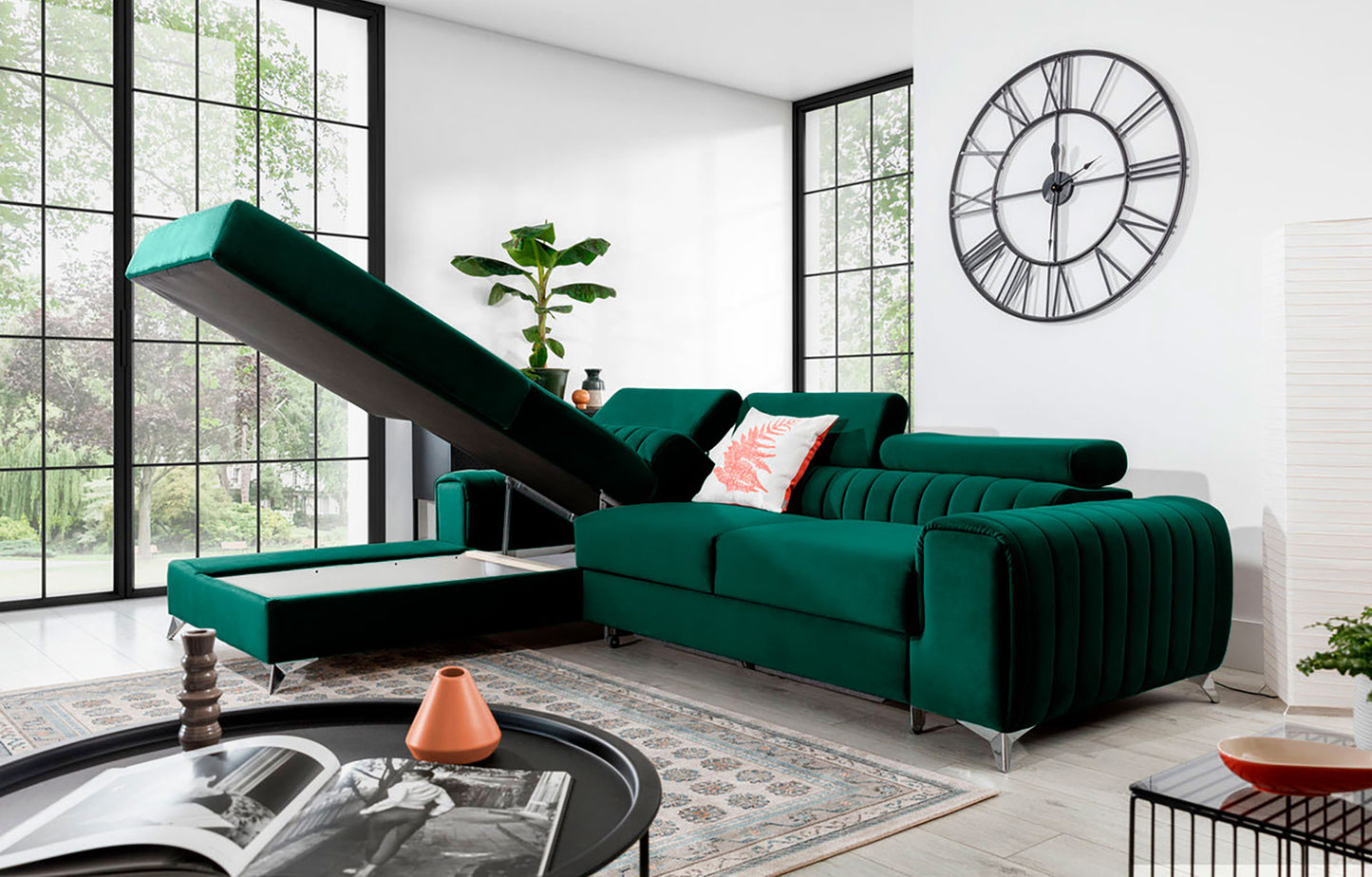 Narożnik Grayson Nube 35 zielony z otwartym pojemnikiem na pościel – praktyczny szezlong w układzie lewym.